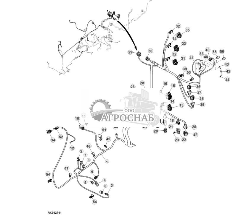 Жгут проводов шасси, с системой автоматического управления AutoTrac™ и резервным насосом, 15,0 L, двигатель FT4 (для стран СНГ, Европы, Северной Африки, Ближнего Востока) (24) (802000 - 803999) - ST874762 238.jpg